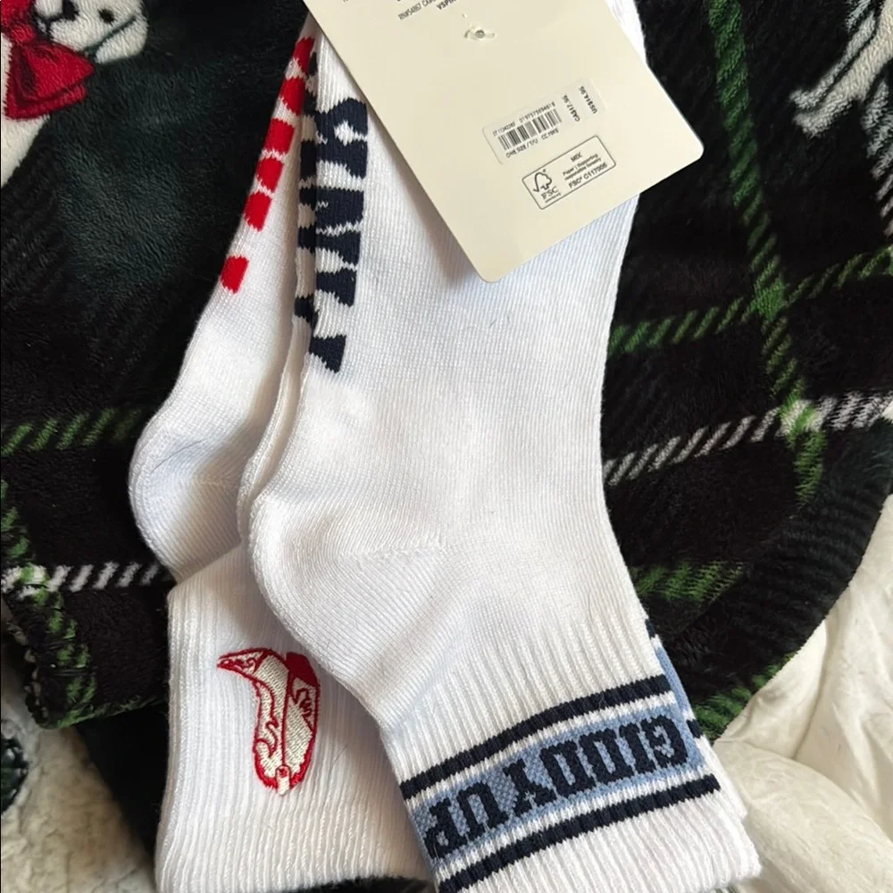 PINK Victoria's Secret White 2 pk Crew Socks GIDDY UP & Cowgirl Boots!